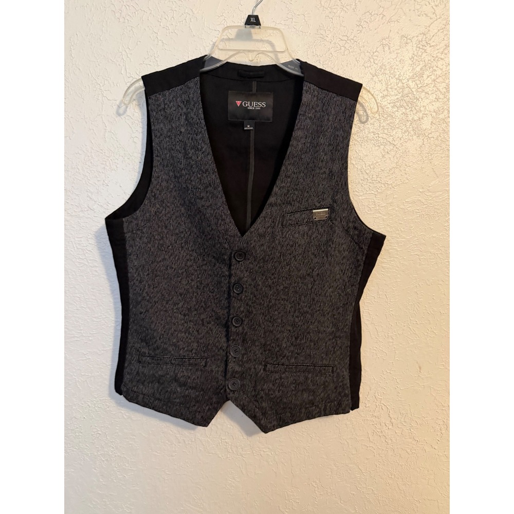 Guess Mens Grey Black Textured Button Front Cinch Back Waistcoat Vest Size M